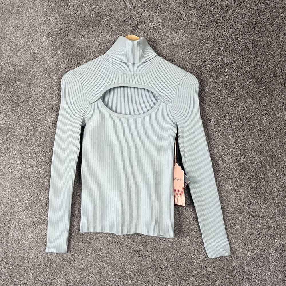 Sweet & Sinful Sweater Womens Medium Blue Turtle Neck Open Front Long Sleeve